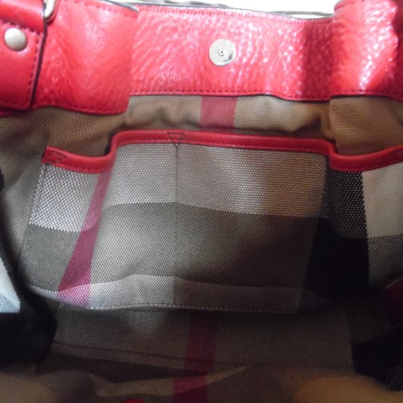 Burberry Medium Red Maidstone Check Calfskin Canvas Tote Crossbody Purse Bag - Picture 10 of 16